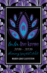 The Tutu Live Krewe purple and turquoise logo surrounded by a purple gradient art déco style frame